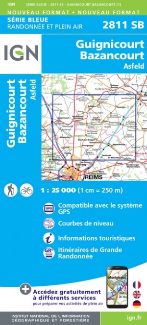 Online bestellen: Wandelkaart - Topografische kaart 2811SB Bazancourt - Guignicourt - Asfeld | IGN - Institut Géographique National