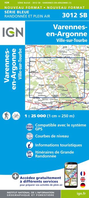 Online bestellen: Topografische kaart - Wandelkaart 3012SB Varennes-en-Argonne | IGN - Institut Géographique National
