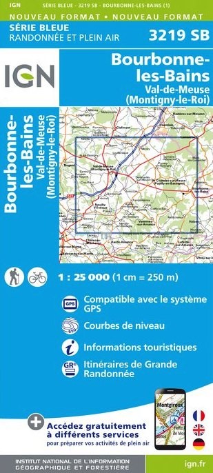 Online bestellen: Wandelkaart - Topografische kaart 3219SB Bourbonne-les-Bains - Val-de-Meuse (Montigny-le-Roi) | IGN - Institut Géographique National