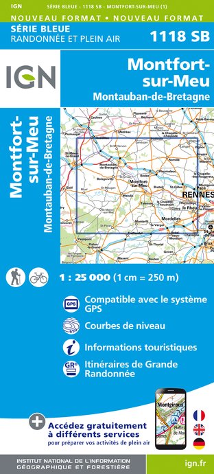 Online bestellen: Wandelkaart - Topografische kaart 1118SB Montfort-sur-Meu - Montauban-de-Bretagne | IGN - Institut Géographique National