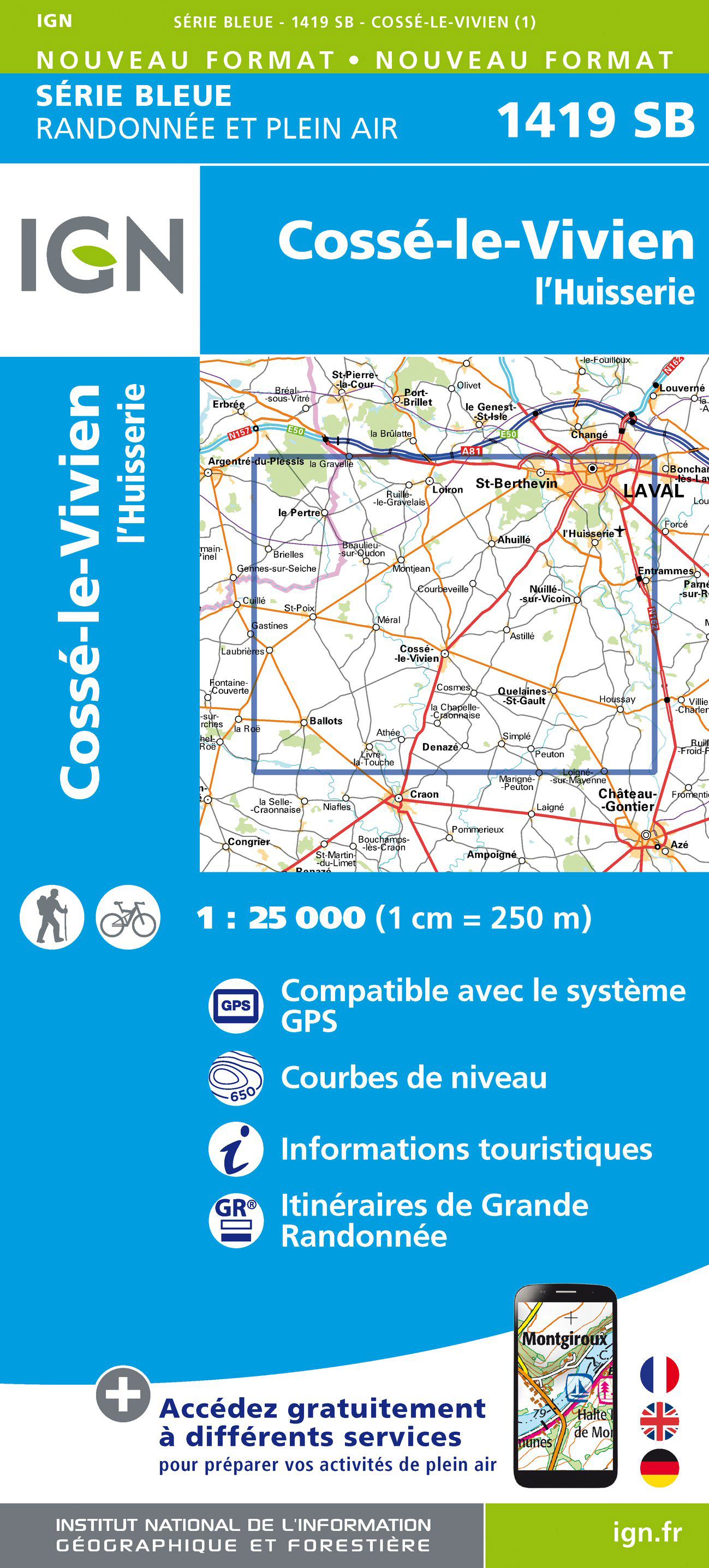 Online bestellen: Wandelkaart - Topografische kaart 1419SB Cossé-le-Vivien - L'Huisserie | IGN - Institut Géographique National