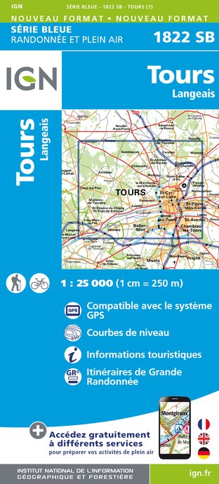 Online bestellen: Wandelkaart - Topografische kaart 1822SB Tours - Langeais | IGN - Institut Géographique National