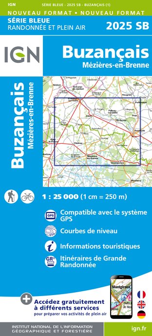 Online bestellen: Wandelkaart - Topografische kaart 2025SB Buzançais, Mézières-en-Brenne | IGN - Institut Géographique National
