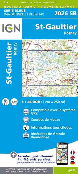 Online bestellen: Wandelkaart - Topografische kaart 2026SB St-Gaultier, Rosney | IGN - Institut Géographique National
