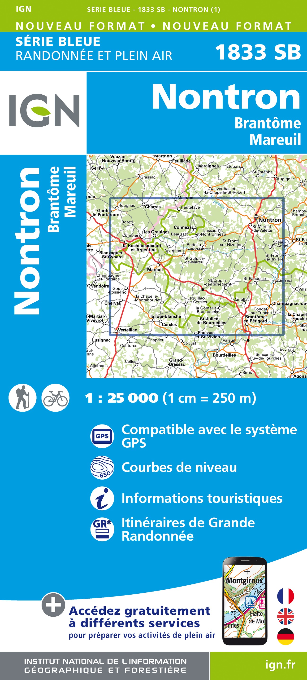 Online bestellen: Wandelkaart - Topografische kaart 1833SB Nontron, Brantôme, Mareuil | IGN - Institut Géographique National