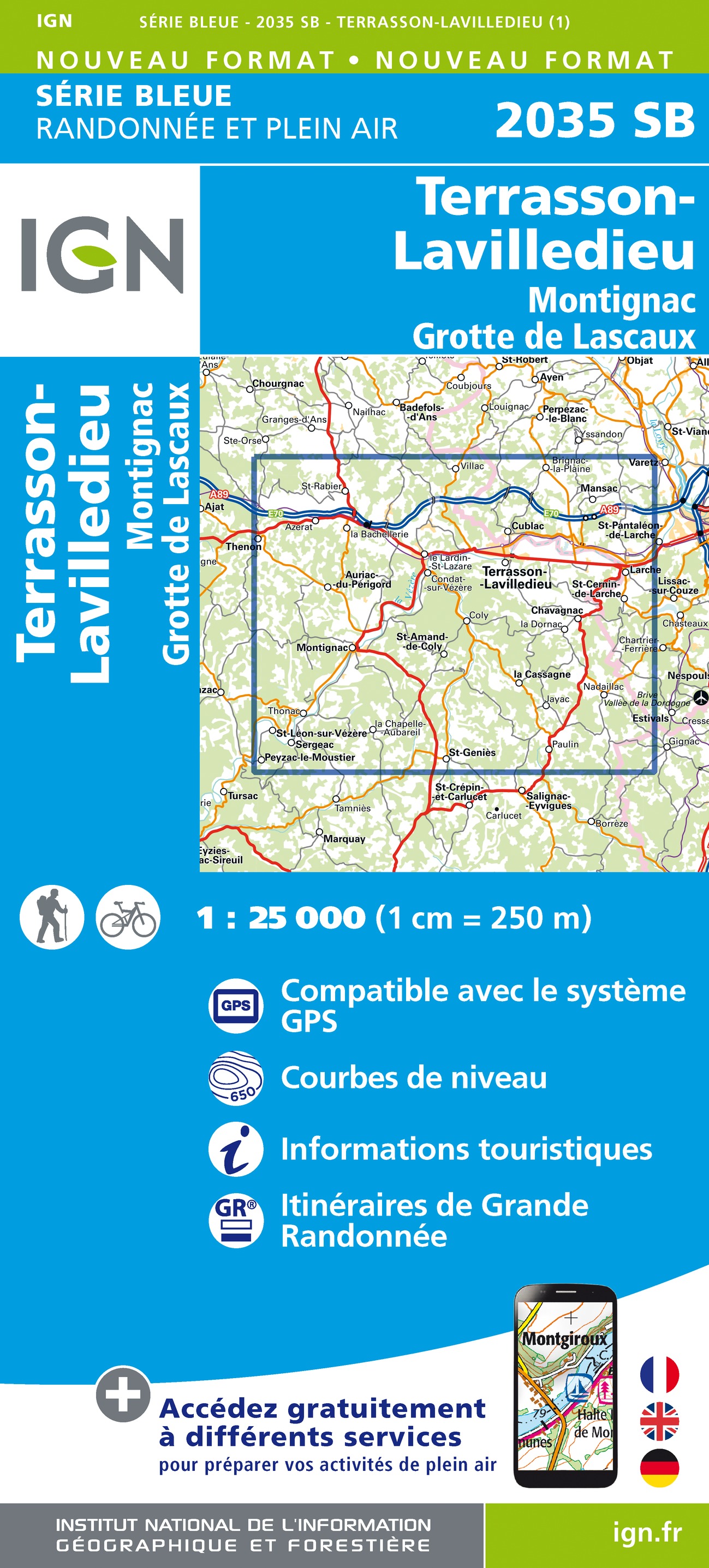 Online bestellen: Wandelkaart - Topografische kaart 2035SB Terrasson-Lavilledieu, Montignac, Grotte de Lascaux | IGN - Institut Géographique National