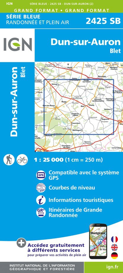 Online bestellen: Wandelkaart - Topografische kaart 2425SB Dun-sur-Aubron - Blet | IGN - Institut Géographique National