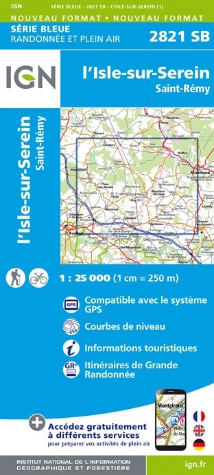 Online bestellen: Topografische kaart - Wandelkaart 2821SB L'Isle-sur-Serein | IGN - Institut Géographique National