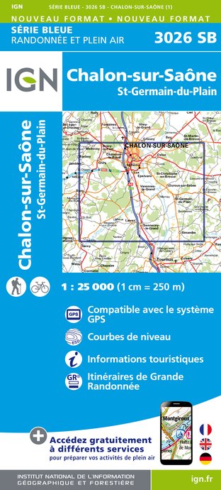 Online bestellen: Wandelkaart - Topografische kaart 3026SB Chalon-sur-Saône, St-Gernain-du-Plain | IGN - Institut Géographique National