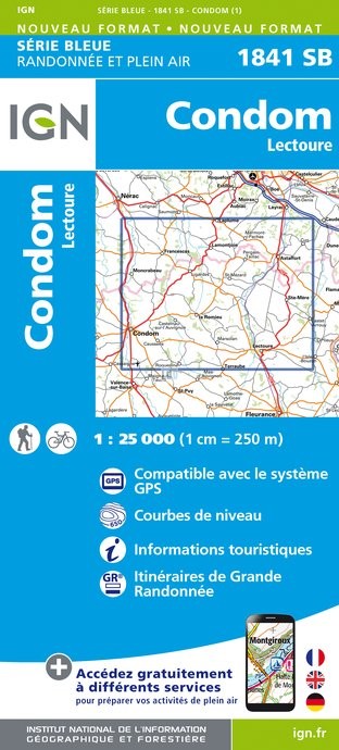 Online bestellen: Topografische kaart - Wandelkaart 1841SB Condom | IGN - Institut Géographique National