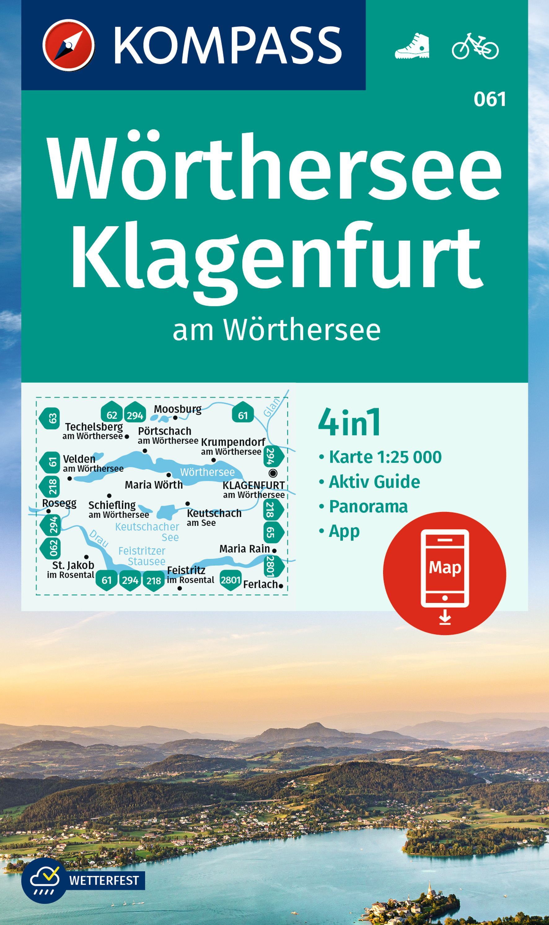 Online bestellen: Wandelkaart 061 Wörthersee - Klagenfurt | Kompass