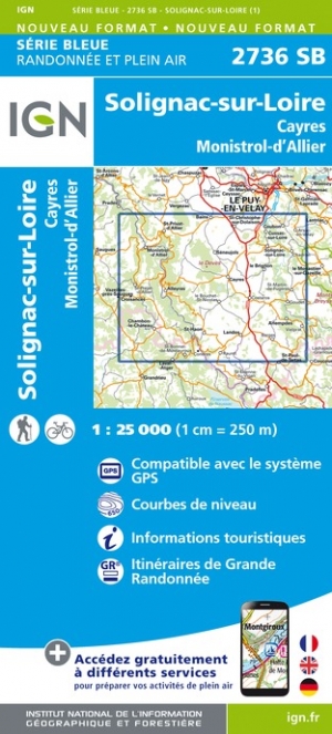 Online bestellen: Wandelkaart - Topografische kaart 2736SB Monistrol d'Allier, Solignac-sur-Loire, Cayres | IGN - Institut Géographique National
