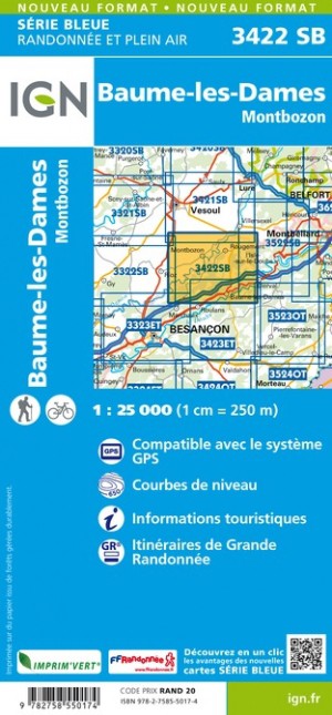 Online bestellen: Wandelkaart - Topografische kaart 3422SB Baume-les-Dames | IGN - Institut Géographique National