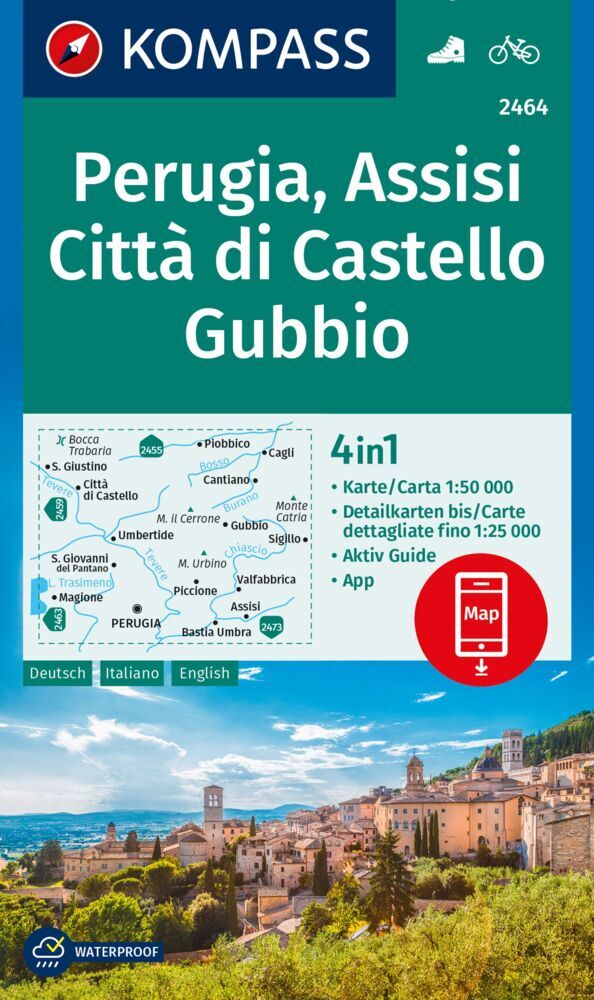 Online bestellen: Wandelkaart 2464 Perugia - Assisi - Città di Castello - Gubbio | Kompass
