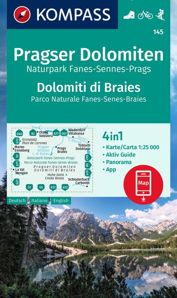 Online bestellen: Wandelkaart 145 Pragser Dolomiten - Dolomiti di Braies | Kompass