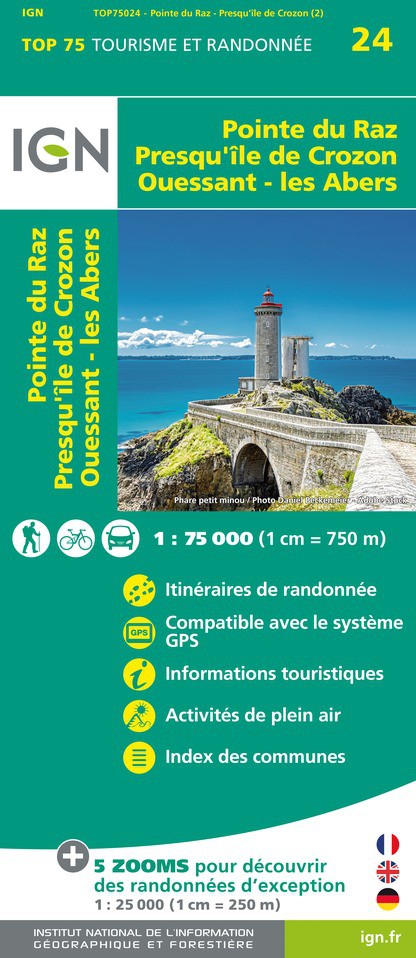 Online bestellen: Fietskaart - Wandelkaart 24 Bretagne - Pointe du Raz, Presqu'ile de Crozon, Ouessant - les Abers | IGN - Institut Géographique National