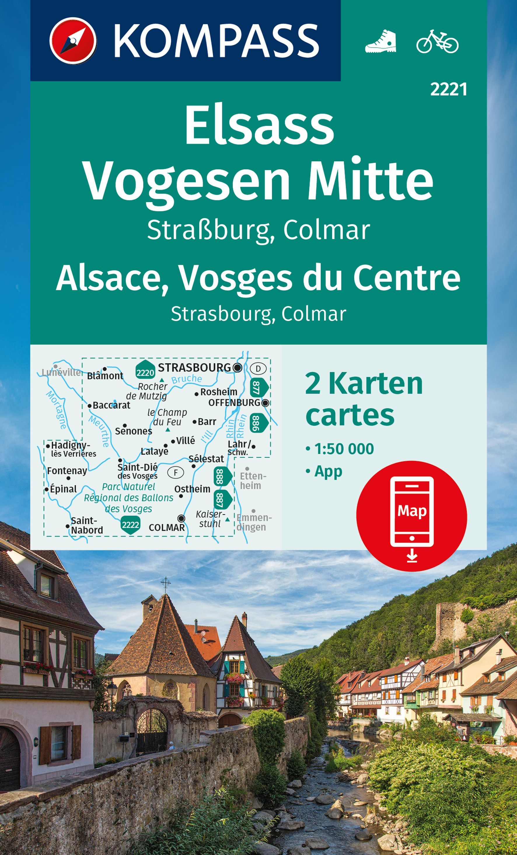 Online bestellen: Wandelkaart - Fietskaart 2221 Elsass - Vogesen Mitte, Alsace - Vosges du Centre | Kompass