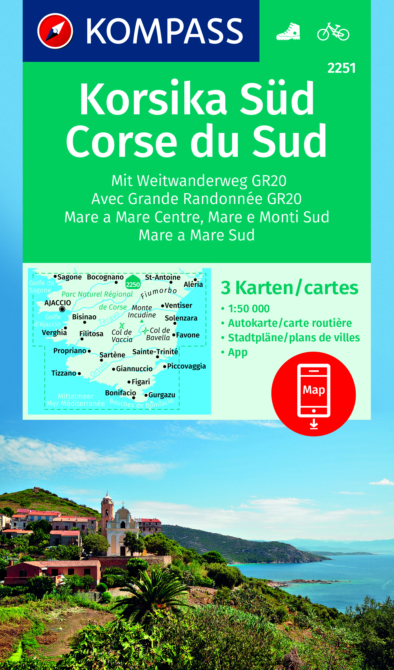 Online bestellen: Wandelkaart - Fietskaart 2251 Korsika Süd - Corse du Sud | Kompass
