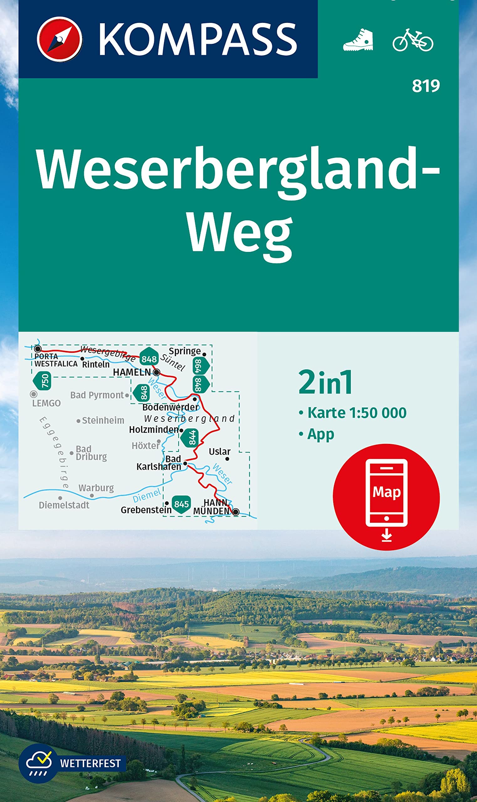 Online bestellen: Wandelkaart 819 Weserbergland-weg | Kompass