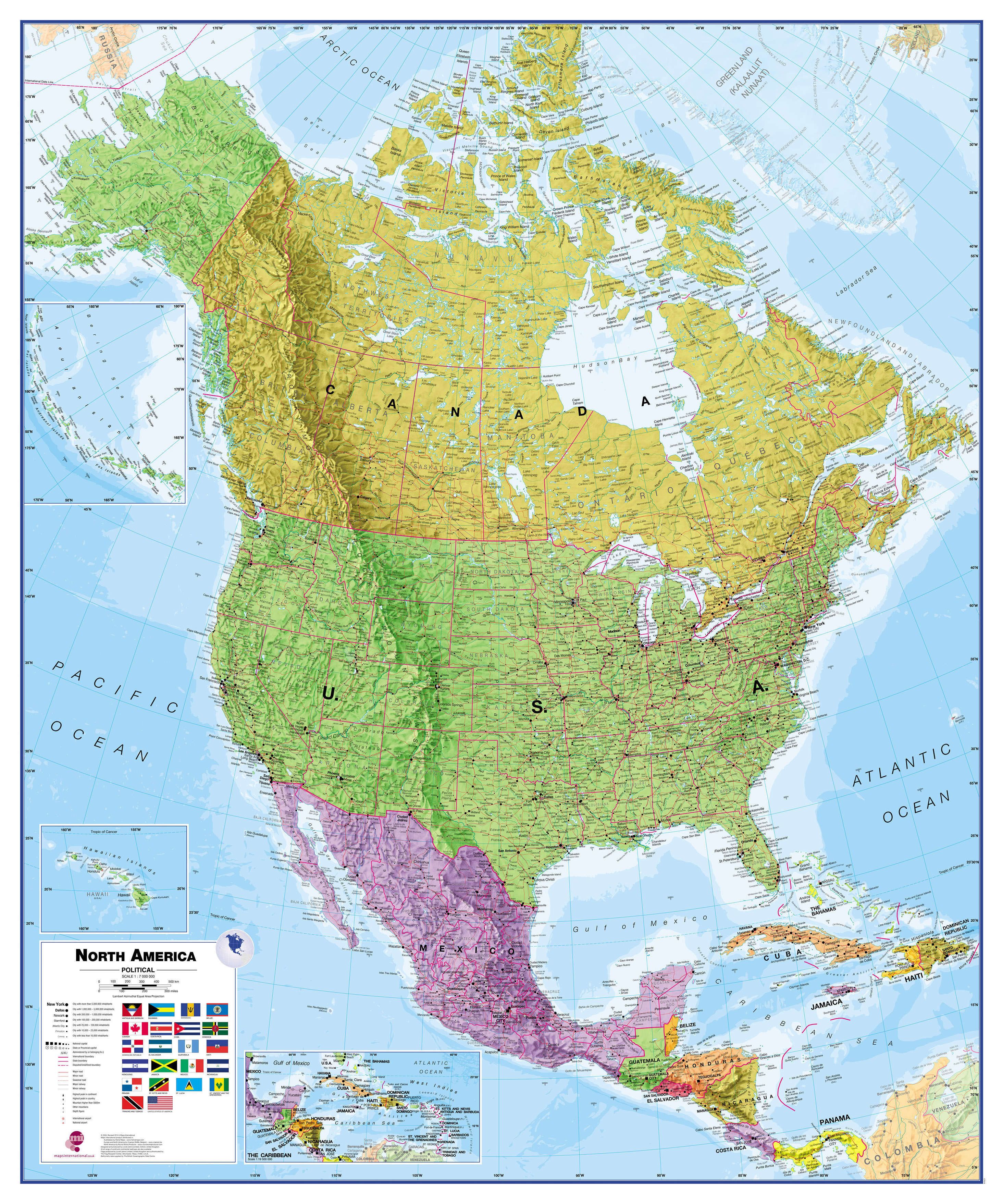 Online bestellen: Wandkaart - Prikbord Noord Amerika - North America Political 120 x 100 cm | Maps International