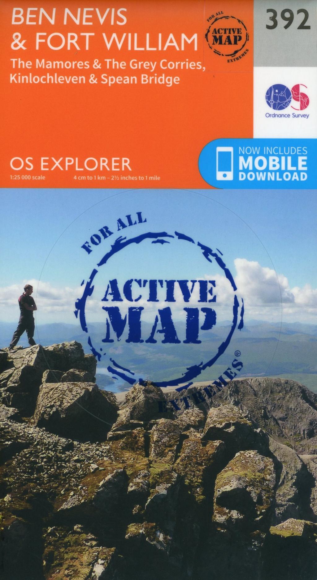 Online bestellen: Wandelkaart - Topografische kaart 392 OS Explorer Map | Active Ben Nevis Map The Mamores & The Grey Corries. Kinlochleven & Spean Bridge | Ordnance Survey