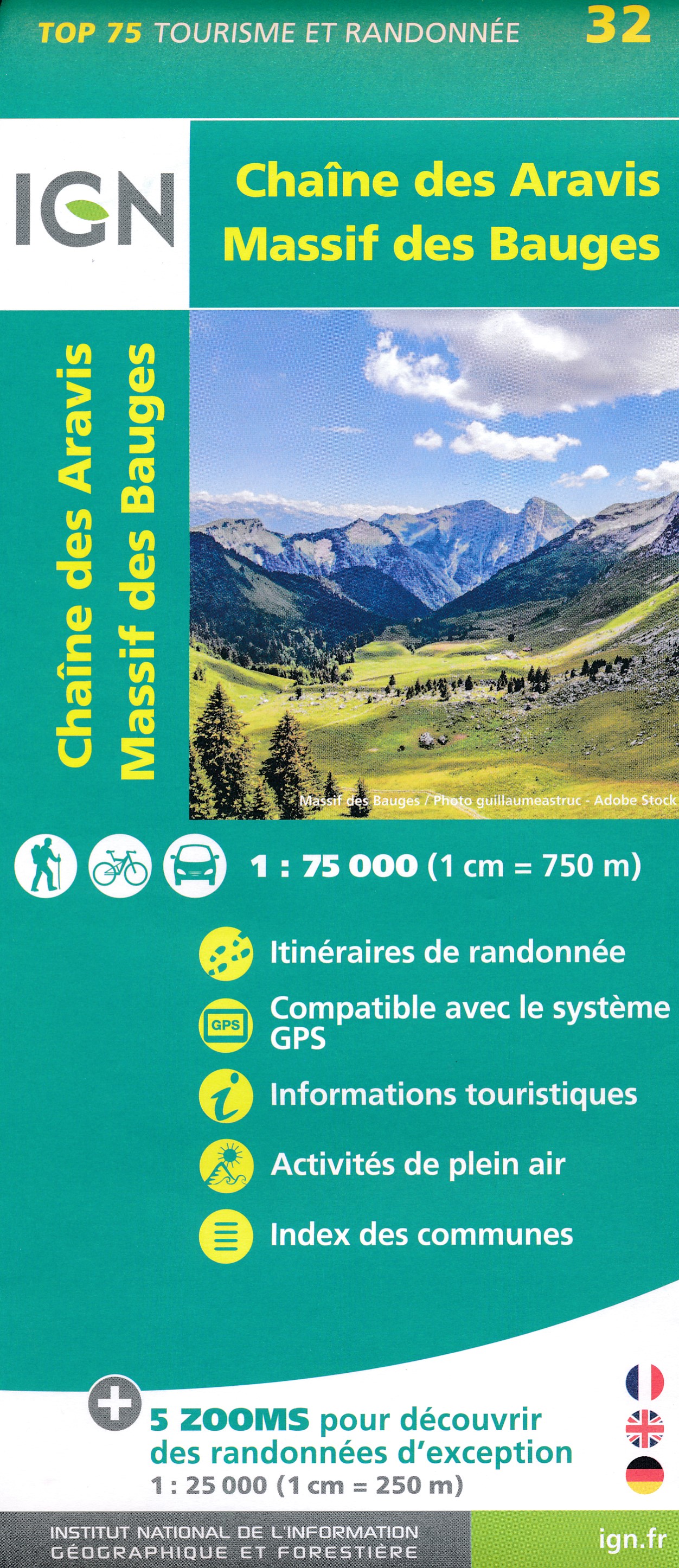 Online bestellen: Fietskaart - Wandelkaart 32 Chaine des Aravis - Massif des Bauges | IGN - Institut Géographique National