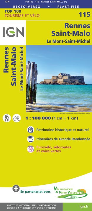 Online bestellen: Fietskaart - Wegenkaart - landkaart 115 Rennes - Saint-Malo | IGN - Institut Géographique National