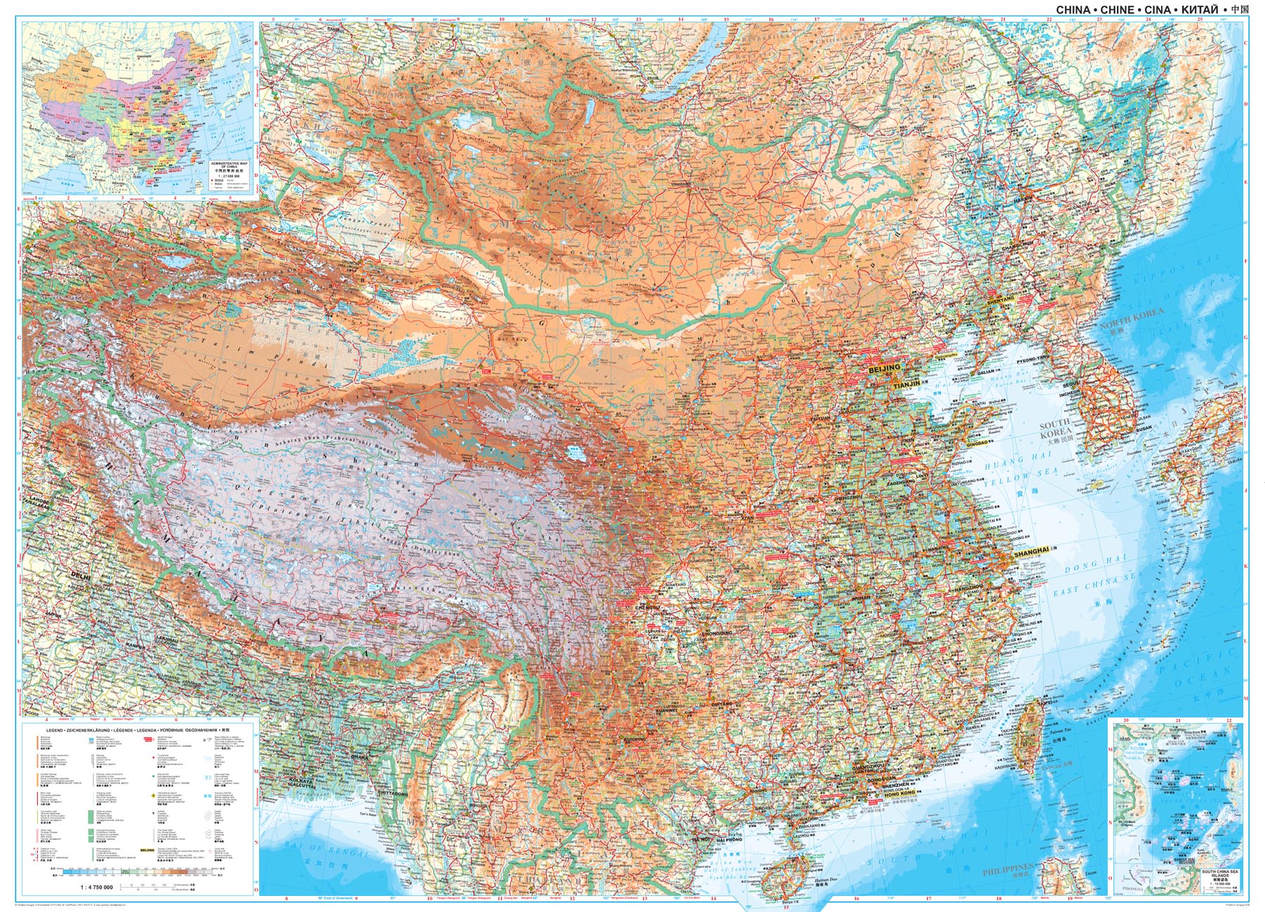 Online bestellen: Wandkaart China - geografisch, 120 x 88 cm | Gizi Map