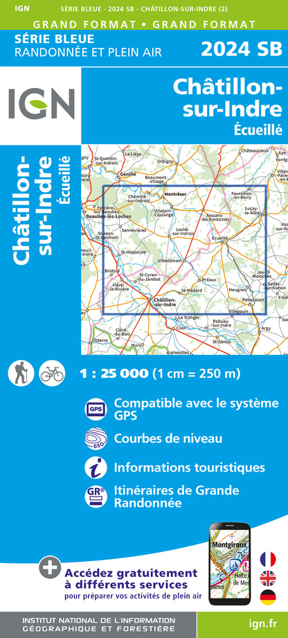 Online bestellen: Wandelkaart - Topografische kaart 2024SB Chatillon-sur-Indre, Ecueille | IGN - Institut Géographique National
