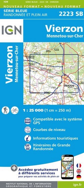 Online bestellen: Wandelkaart - Topografische kaart 2223SB Vierzon, Mennetou-sur-Cher | IGN - Institut Géographique National