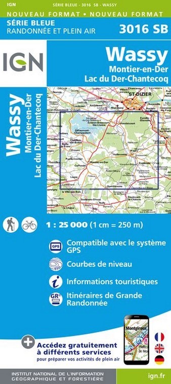 Online bestellen: Wandelkaart - Topografische kaart 3016SB Wassy, Montier-en-Der, Lac du Der-Chantecoq | IGN - Institut Géographique National
