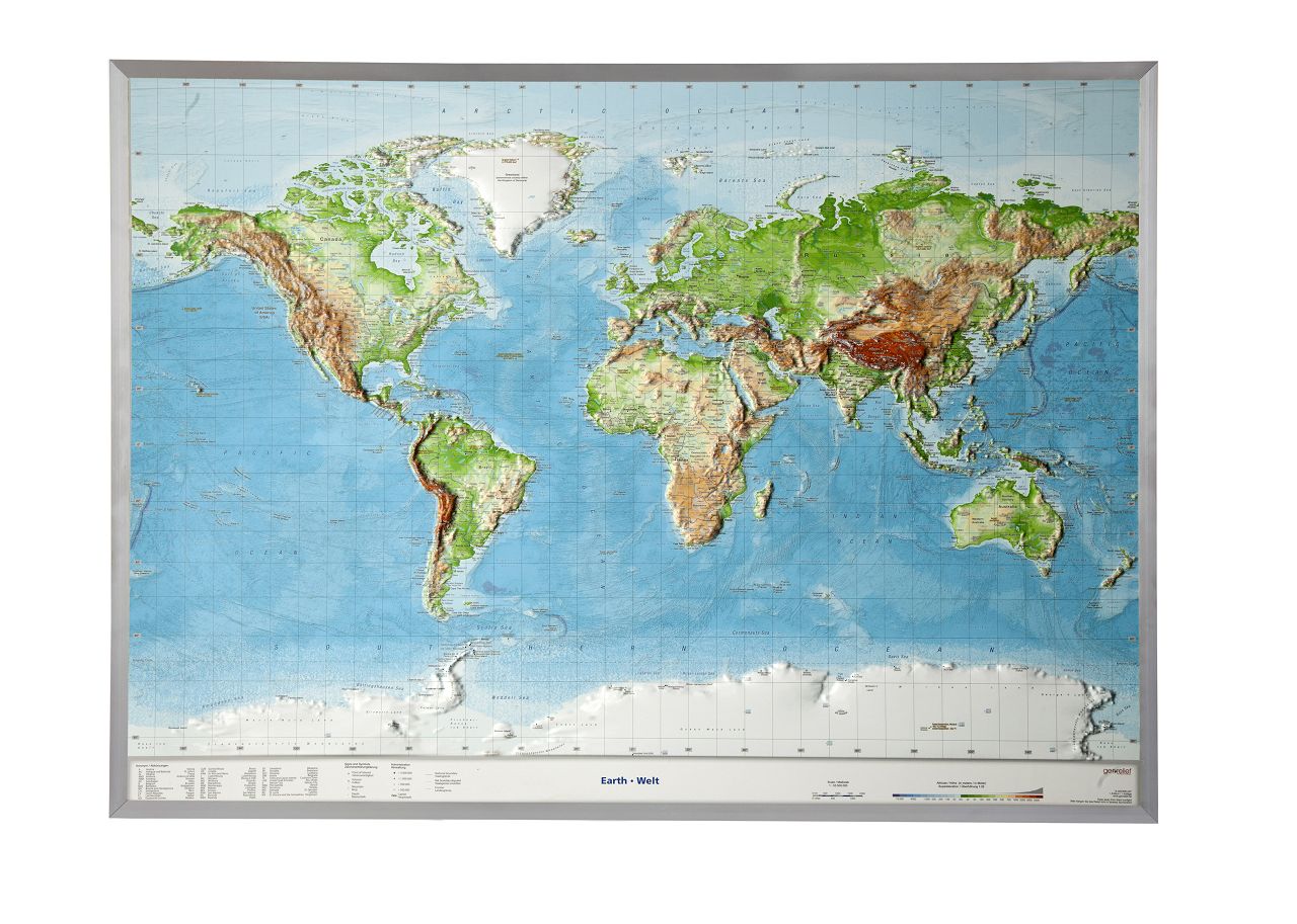Wereldkaart - Reliëfkaart Wereld met voelbaar 3D reliëf 77 x 57 x 4,5