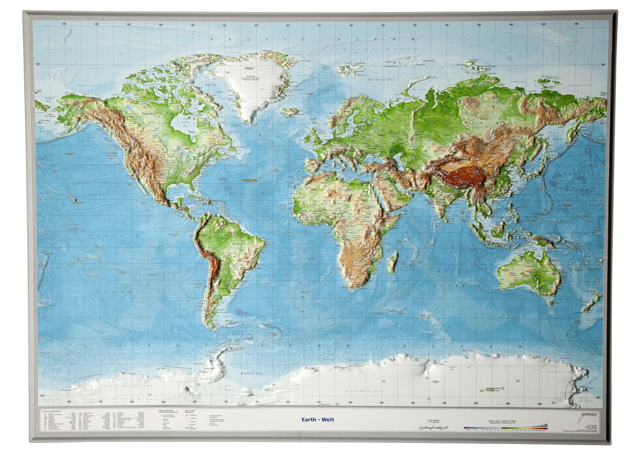 Wereldkaart - Reliëfkaart met voelbaar 3D reliëf 77 x 57 x 1,0 cm | Ge