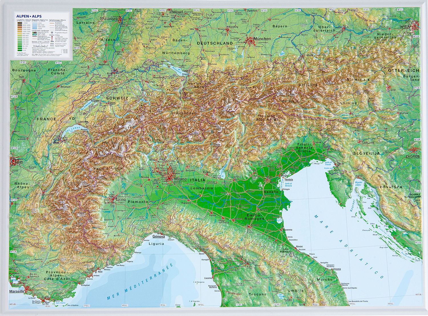 Online bestellen: Wandkaart - Reliëfkaart van de Alpen met voelbaar 3D Reliëf, 77 x 57 cm | GeoRelief