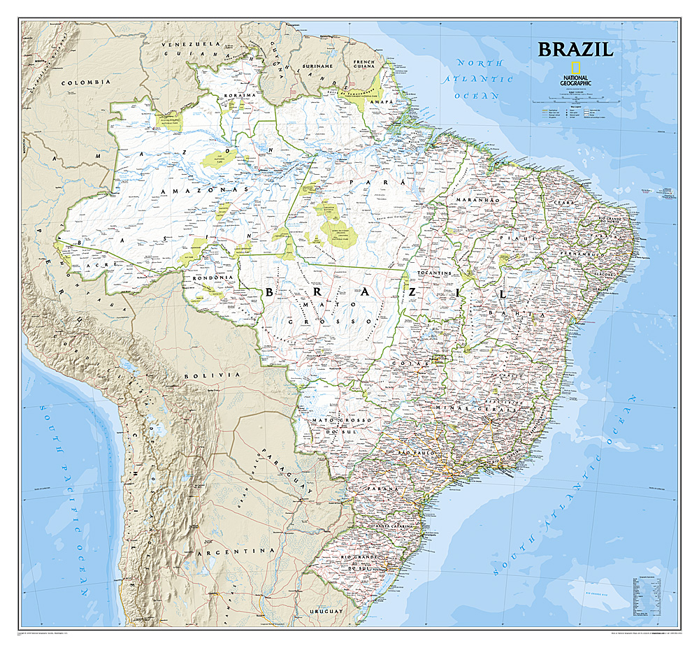 Online bestellen: Wandkaart Brazil - Brazilië, 104 x 97 cm | National Geographic