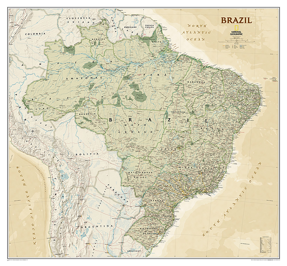 Online bestellen: Wandkaart Brazil - Brazillië Antiek, 104 x 97 cm | National Geographic