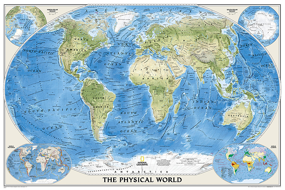 Wereldkaart Natuurkundig, oceaanbodem, 116 x 77 cm | National Geographic de zwerver
