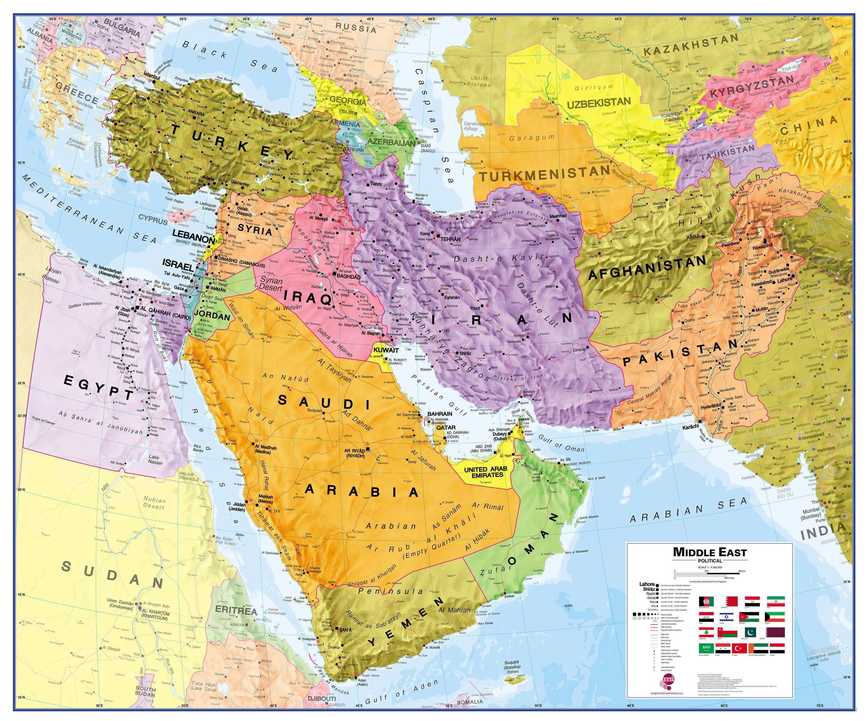 Wandkaart Middle East - Midden Oosten, 120 x 100 cm | Maps International de zwerver
