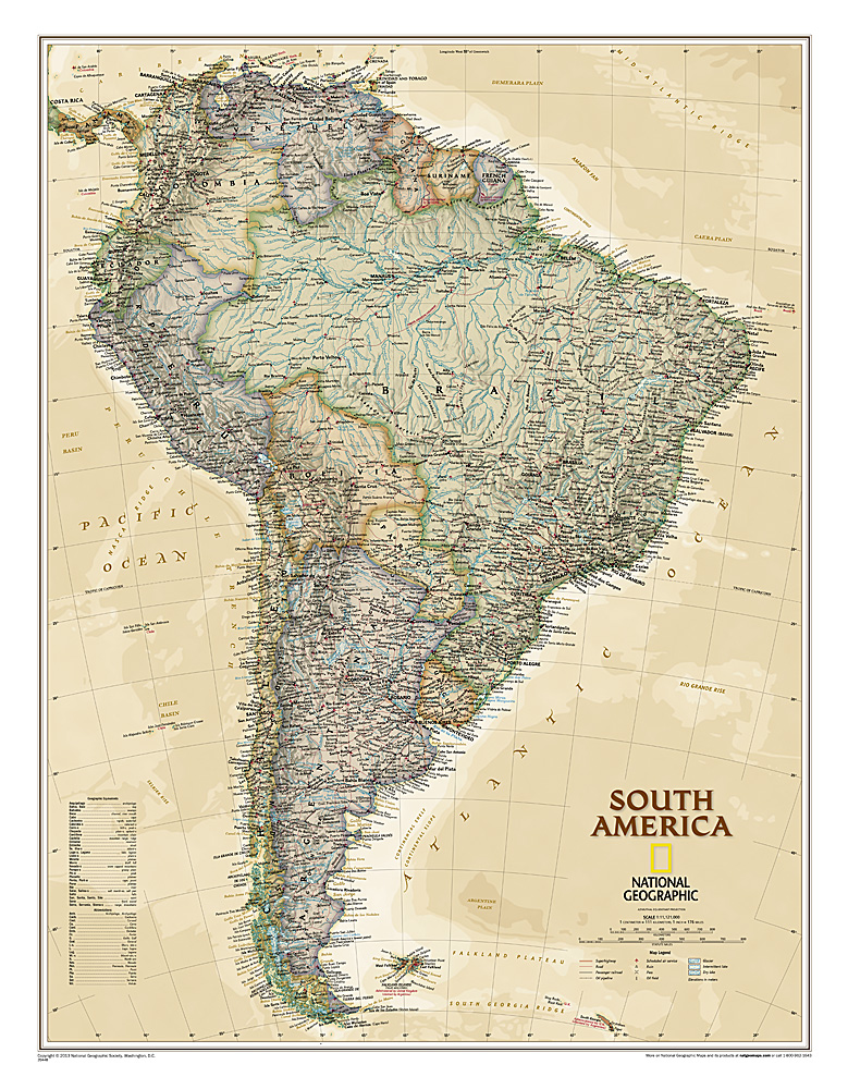 Wandkaart Zuid Amerika, politiek & antiek, 60 x 77 cm | National Geogr