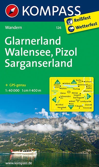 Online bestellen: Wandelkaart 126 Glarnerland - Walensee - Pizol - Sarganserland | Kompass
