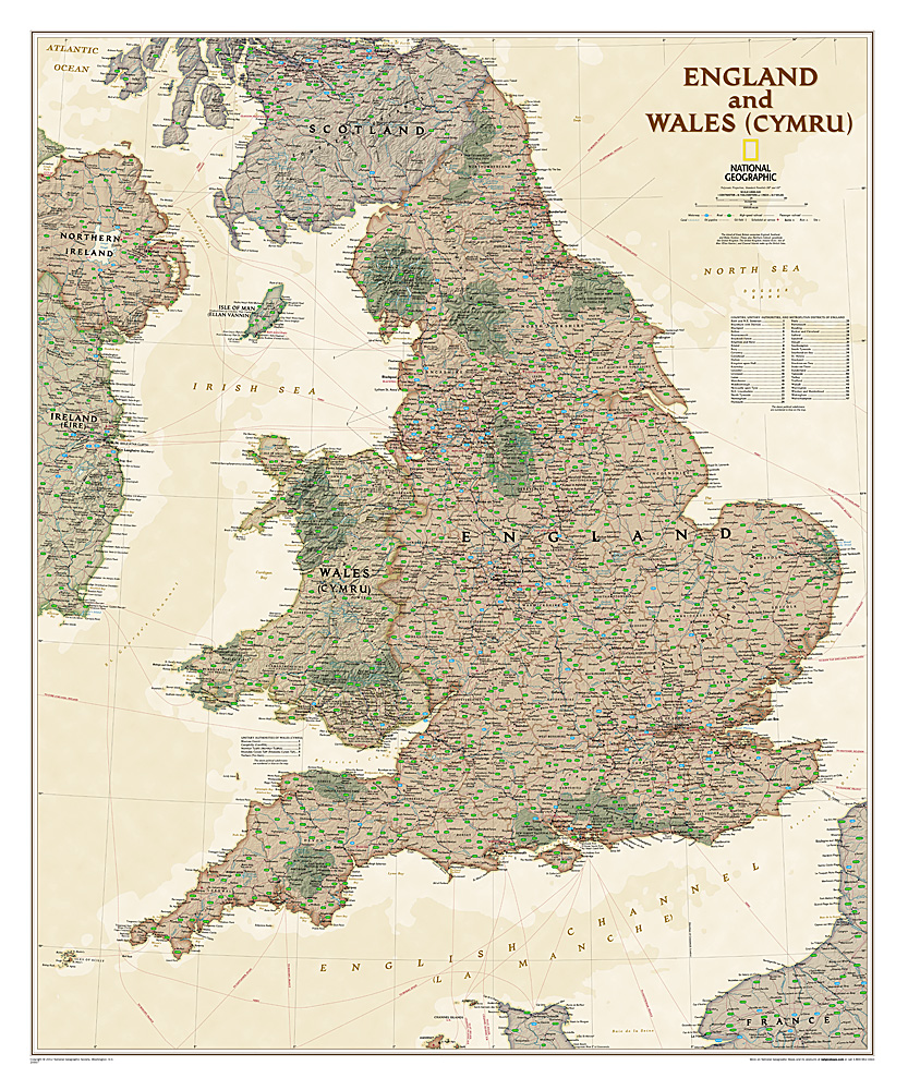 Wandkaart Engeland en Wales, antiek, 76 x 91 cm | National Geographic de zwerver
