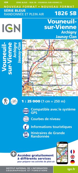 Online bestellen: Wandelkaart - Topografische kaart 1826SB Vouneuil-sur-Vienne, Archigny, Jaunay-Clan | IGN - Institut Géographique National