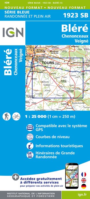 Online bestellen: Wandelkaart - Topografische kaart 1923SB Bléré - Chenonceaux - Veigné | IGN - Institut Géographique National