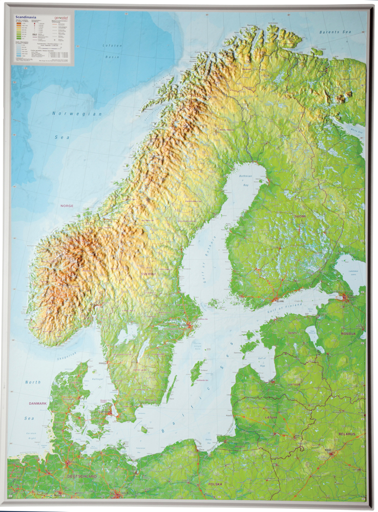 Online bestellen: Wandkaart - Reliëfkaart Scandinavië met voelbaar 3D reliëf 77 x 55 x 2 cm | GeoRelief
