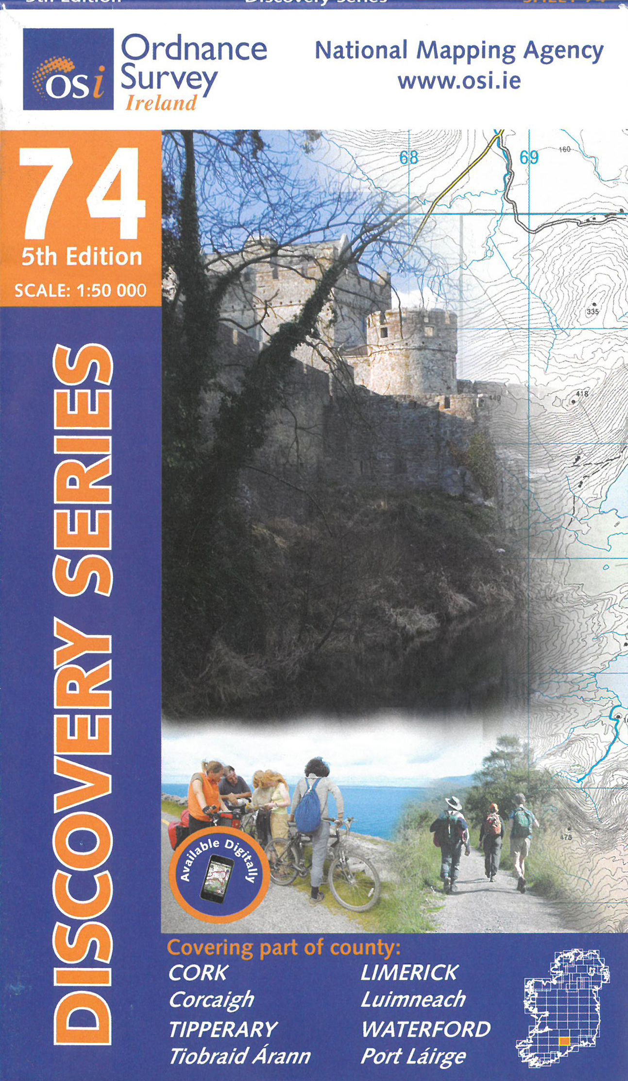 Topografische kaart – Wandelkaart 74 Discovery Cork, Limerick, Tipperary, Waterford | Ordnance Survey Ireland