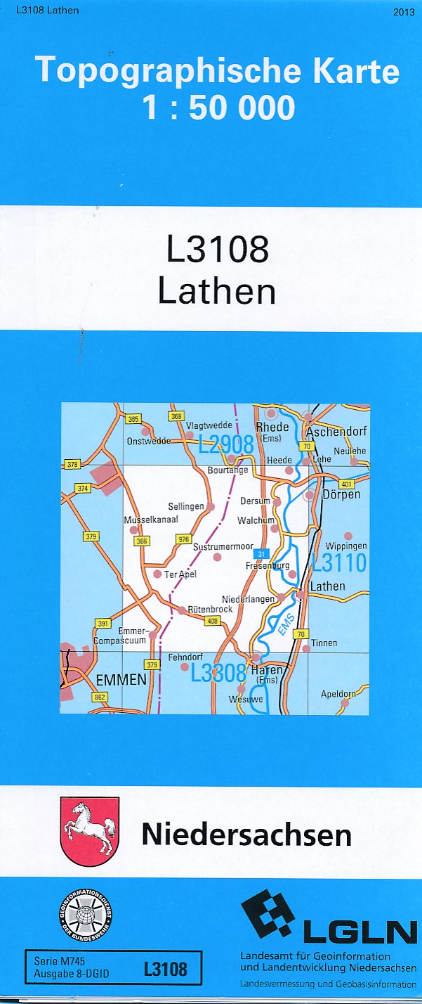 Topografische kaart L3108 Lathen | LGN de zwerver