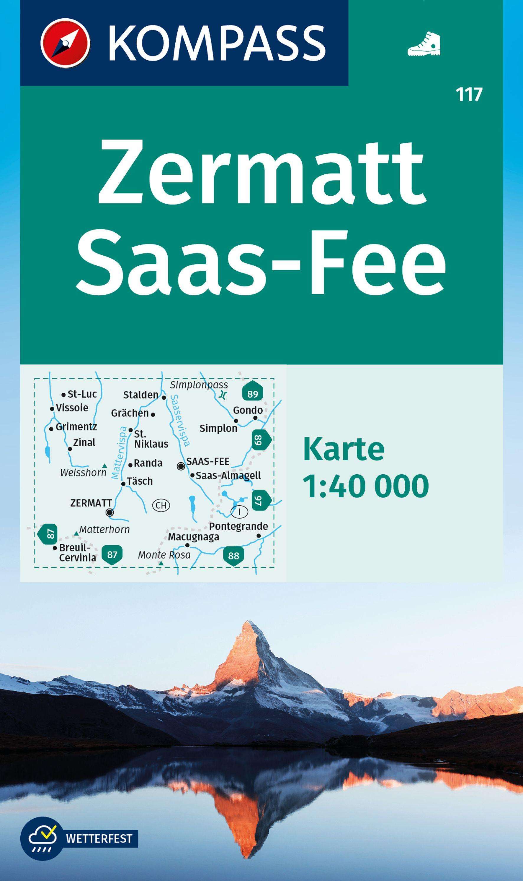 Online bestellen: Wandelkaart 117 Zermatt - Saas Fee | Kompass