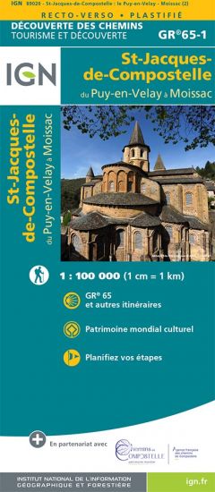 Online bestellen: Wandelkaart - Pelgrimsroute (kaart) St-Jacques-de-Compostela GR 65-1, St Jacobsroute | IGN - Institut Géographique National