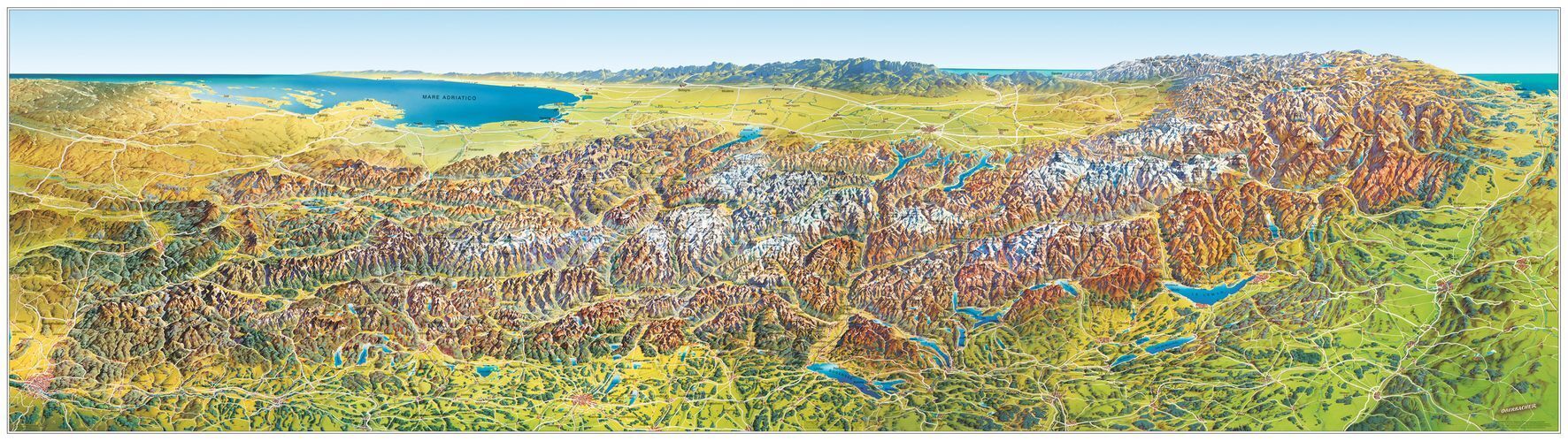 Wandkaart Das Grosse Alpen - panorama, sommer / zomer uitgave | 202 x