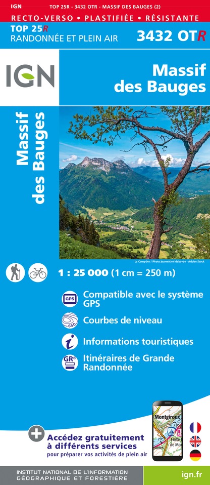 Online bestellen: Wandelkaart - Topografische kaart 3432OTR Massif des Bauges | IGN - Institut Géographique National